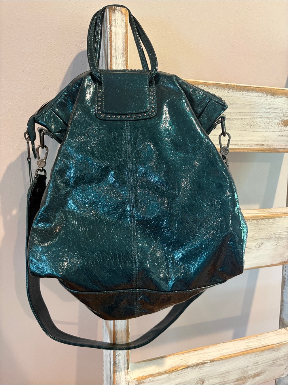 HOBO Dark Green Metalic Leather Tote Bag with Removable Strap